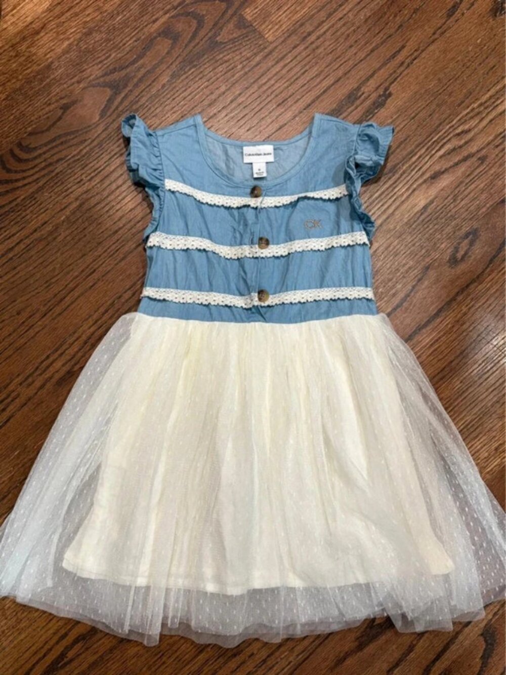 Girls 6Y Calvin Klein Chambray Tulle Dress Flutter Sleeve